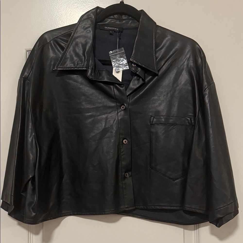 Olivaceous Black Vegan Leather Boxy Cropped Women’s Shirt